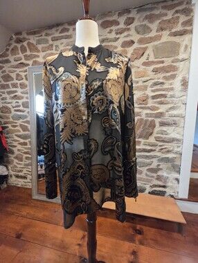 Lafayette 148 Sheer Black, Gold And Green Paisley Print Blouse